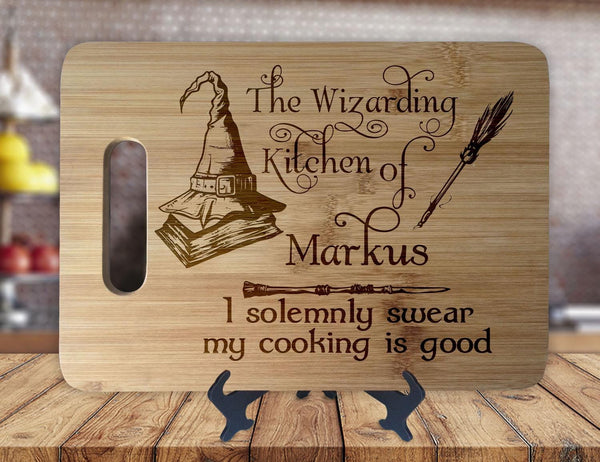 Wizarding Kitchen - Solemnly Swear - Personalized Name - Kitchen Housewarming Wedding Gift - Custom Engraved Bamboo Display Cutting Board - OwlTopThat
