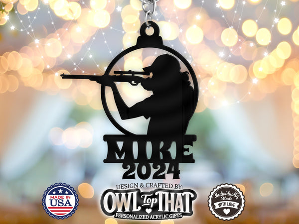 Hunting Hunter Rifle Sportsman Custom Name Tag Ornament - Personalized Name & Date - Gift Tags, Event Markers, Holiday Ornaments and More - OwlTopThat
