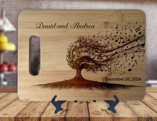 Music Lovers - Personalized Names & Date - Anniversary Kitchen Housewarming Wedding Gift Sign - Custom Engraved Bamboo Display Cutting Board - OwlTopThat