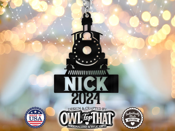 Train Locomotive Name Tag Ornament - Personalized Name & Date - Gift Tags, Event Markers, Holiday Ornaments, Bag Tags, and More - OwlTopThat