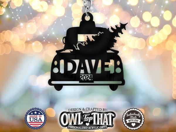 Classic Pickup Truck with Tree Name Tag Ornament - Personalized Name & Date - Gift Tags, Event Markers, Holiday Ornaments, and More - OwlTopThat