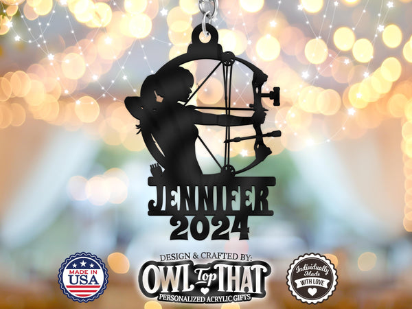 Archer Bow Female Hunting Fishing Custom Name Tag Ornament - Personalized Name & Date - Gift Tags, Event Markers, Holiday Ornaments and More - OwlTopThat
