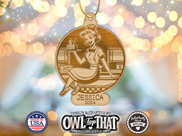 Waitress Ornament Engraved Custom Name Tag Wood Ornament - Personalized Name & Date - Gift Tags, Event Markers, Holiday Ornaments, and More - OwlTopThat
