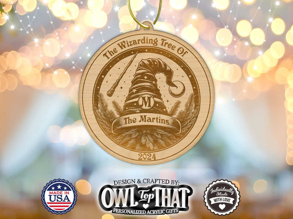 Wizarding Tree Ornament Custom Name Tag Wood Ornament - Personalized Name & Date - Gift Tags, Event Markers, Stocking Name tag - OwlTopThat