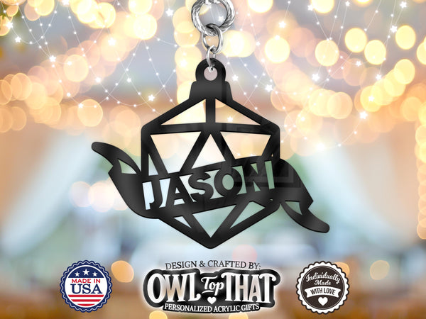 Dungeons and Dragons D20 Dice Custom Name Tag Ornament - Personalized Name & Date - Gift Tags, Event Markers, Holiday Ornaments and More - OwlTopThat
