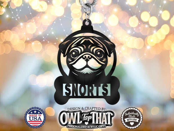 Pet Pug Dog Bone Custom Name Tag Ornament - Personalized Name & Date - Gift Tags, Event Markers, Holiday Ornaments and More - OwlTopThat