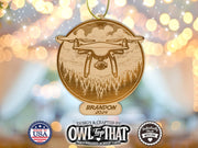 Drone Quadcopter Ornament Custom Name Tag Wood Ornament - Personalized Name & Date - Gift Tags, Event Markers, Stocking Name tag - OwlTopThat