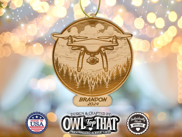 Drone Quadcopter Ornament Custom Name Tag Wood Ornament - Personalized Name & Date - Gift Tags, Event Markers, Stocking Name tag - OwlTopThat