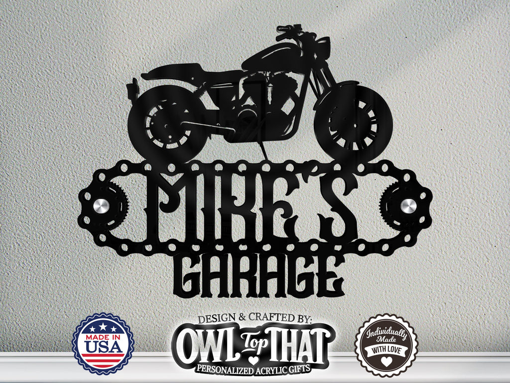 Motorcycle Sign Personalized Biker Name Custom Sign Harley Housewarming Gift For Biker with 1 inch Standoff Mounting Screws - OwlTopThat