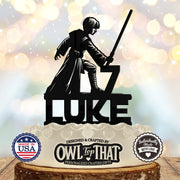 Jedi Training Padawan Custom Birthday Cake Topper - Lightsaber Duel - Personalized Name & Age - Movie Themed - OwlTopThat