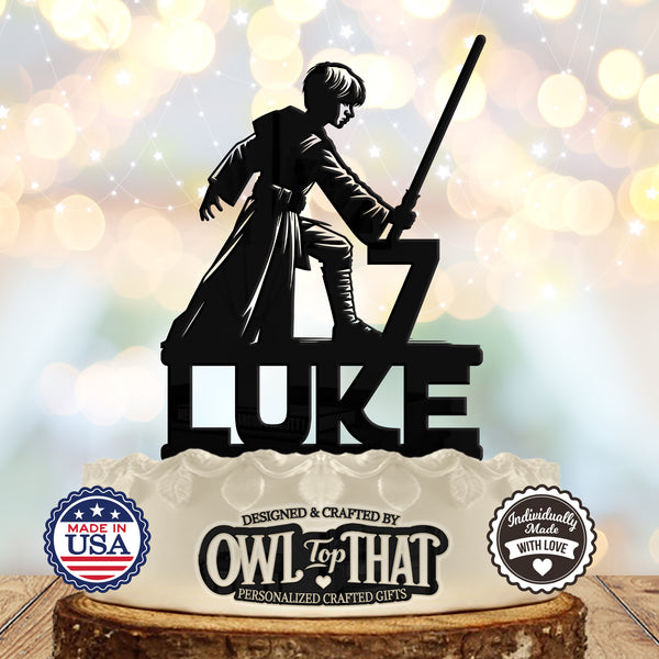 Jedi Training Padawan Custom Birthday Cake Topper - Lightsaber Duel - Personalized Name & Age - Movie Themed - OwlTopThat