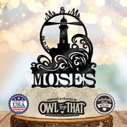 Lighthouse Coastal Romance – Personalized Last Name & Date Wedding Cake Topper - OwlTopThat