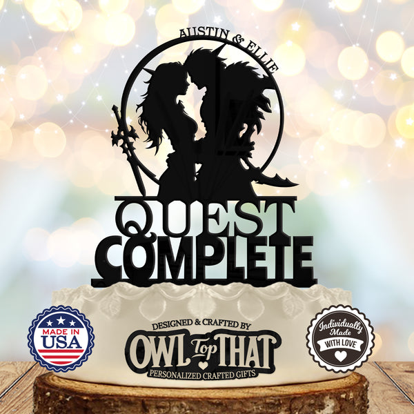 Gamer Quest Complete Couple Custom Wedding Cake Topper - Fantasy Bride & Groom - Two Personalized Names - Gamer Themed - OwlTopThat