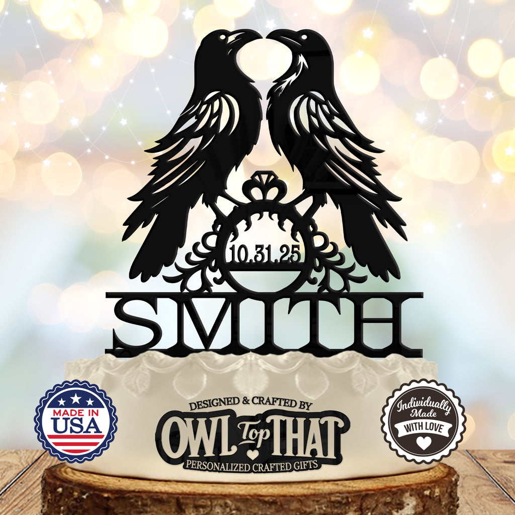 Ravens Personalized Gothic Style Custom Wedding Cake Topper Personalized - Ravens Holding Ring - Personalized Name - Animal Themed - OwlTopThat
