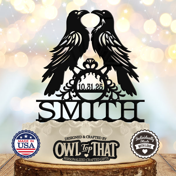 Ravens Personalized Gothic Style Custom Wedding Cake Topper Personalized - Ravens Holding Ring - Personalized Name - Animal Themed - OwlTopThat