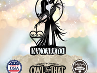 Black Jack and Sally gothic Halloween wedding cake topper with a circular frame, a heart containing 09.25.26, and the personalized surname Inaccarato.