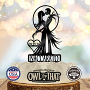 Black Jack and Sally gothic Halloween wedding cake topper with a circular frame, a heart containing 09.25.26, and the personalized surname Inaccarato.