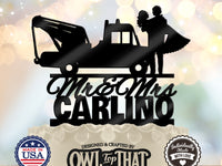 Tow Truck Couple Hitched for Life – Personalized Last Name Wedding Cake Topper - OwlTopThat