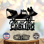 Tow Truck Couple Hitched for Life – Personalized Last Name Wedding Cake Topper - OwlTopThat